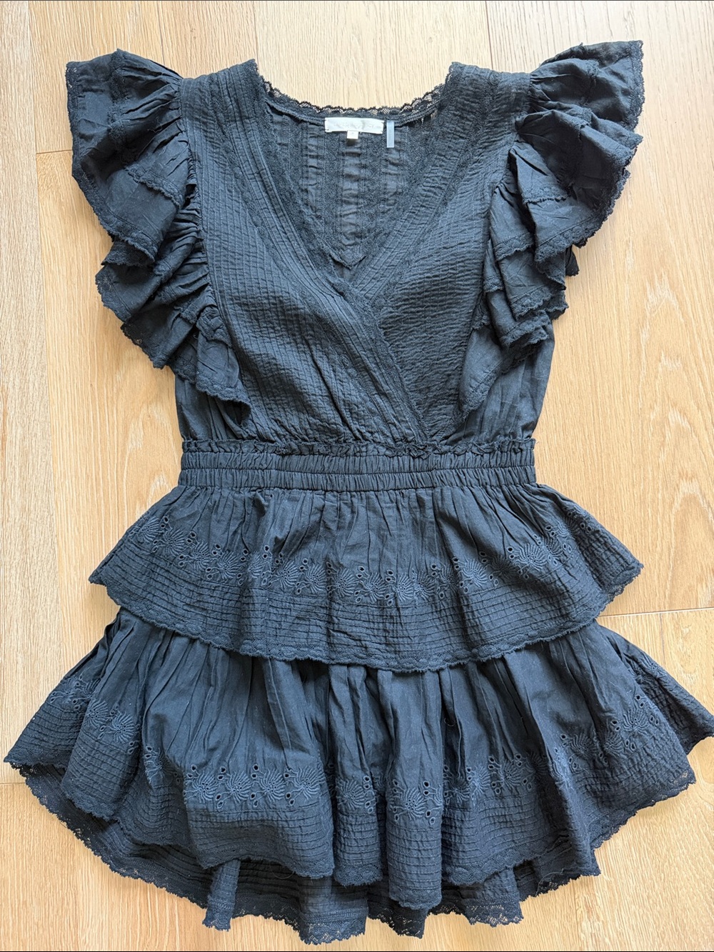 LoveShackFancy Black Ruffled Peplum V-Neck Dress